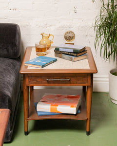 Travertine Basketweave Side Table with Drawer