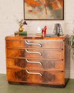 Circa 1930 The Widdicomb Furniture Art Deco Waterfall Edge Burled Walnut Chest of Drawers