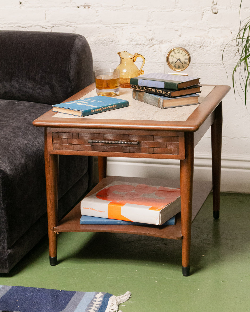 Travertine Basketweave Side Table with Drawer