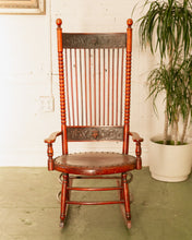 Load image into Gallery viewer, Antique 1910 Barley Twist and Spindle Back Rocker With a Leather Seat
