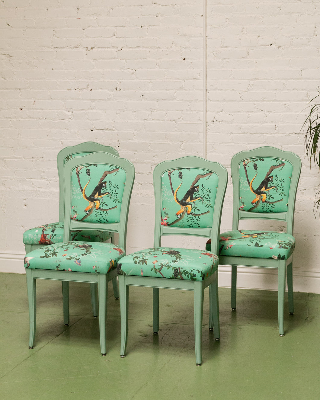 French Vintage Chairs Upholstered Mint Monkey Fabric (set of 4)