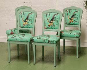 French Vintage Chairs Upholstered Mint Monkey Fabric (set of 4)