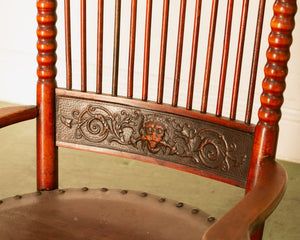 Antique 1910 Barley Twist and Spindle Back Rocker With a Leather Seat