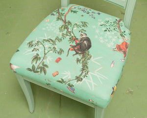 French Vintage Chairs Upholstered Mint Monkey Fabric (set of 4)