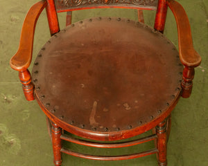 Antique 1910 Barley Twist and Spindle Back Rocker With a Leather Seat