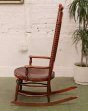 Load image into Gallery viewer, Antique 1910 Barley Twist and Spindle Back Rocker With a Leather Seat
