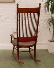 Load image into Gallery viewer, Antique 1910 Barley Twist and Spindle Back Rocker With a Leather Seat
