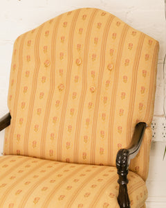 Queen Anne Style Yellow Stripe Floral Brocade Fabric Armchair Circa 1920’s