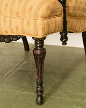 Load image into Gallery viewer, Queen Anne Style Yellow Stripe Floral Brocade Fabric Armchair Circa 1920’s
