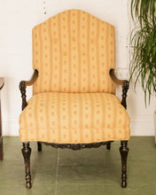 Load image into Gallery viewer, Queen Anne Style Yellow Stripe Floral Brocade Fabric Armchair Circa 1920’s
