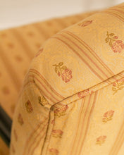 Load image into Gallery viewer, Queen Anne Style Yellow Stripe Floral Brocade Fabric Armchair Circa 1920’s
