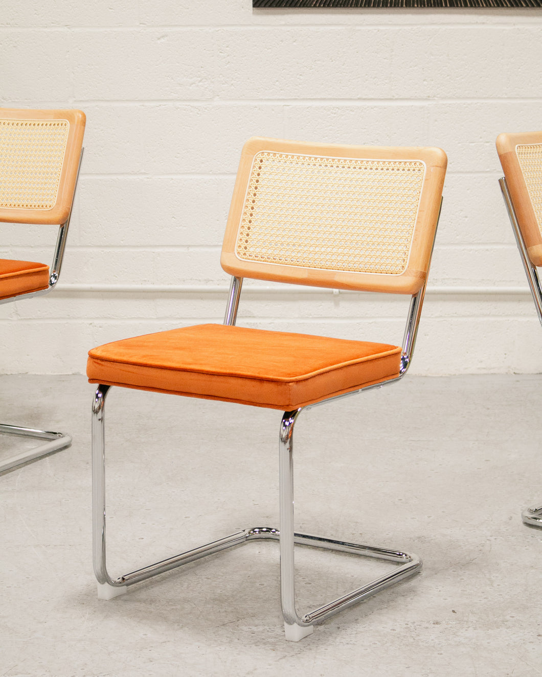 Blonde Cantilever Chair with Velvet orange Seat