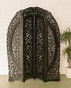 Black Ornate Wood Carved Round Room Divider