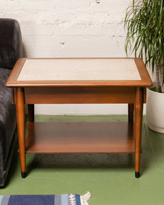 Travertine Basketweave Side Table with Drawer