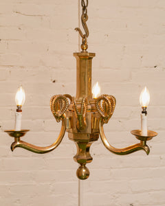 Mid-20th Century Champan Brass Three-Arm Chandelier with Ram's Heads