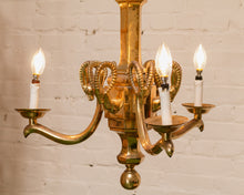 Load image into Gallery viewer, Mid-20th Century Champan Brass Three-Arm Chandelier with Ram&#39;s Heads
