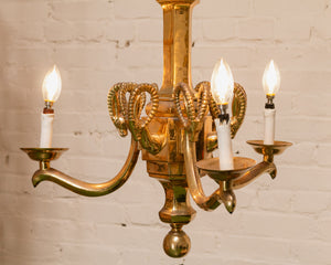 Mid-20th Century Champan Brass Three-Arm Chandelier with Ram's Heads