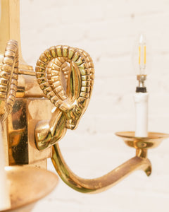 Mid-20th Century Champan Brass Three-Arm Chandelier with Ram's Heads