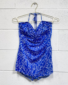 Vintage Blue Leafy Bathing Suit with Skirt