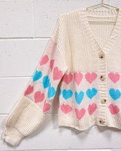 Load image into Gallery viewer, Cream Cardigan with Pink and Blue Hearts (L)
