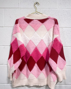 Super Plush Argyle Cardigan in Pinks