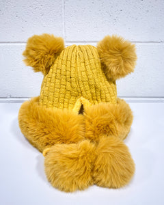 Mustard Furry Beanie with Pom Poms