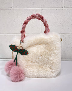 Cream Furry Purse with Mauve Pom Poms