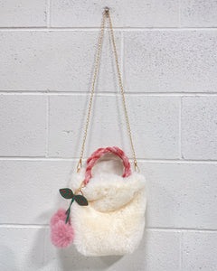 Cream Furry Purse with Mauve Pom Poms