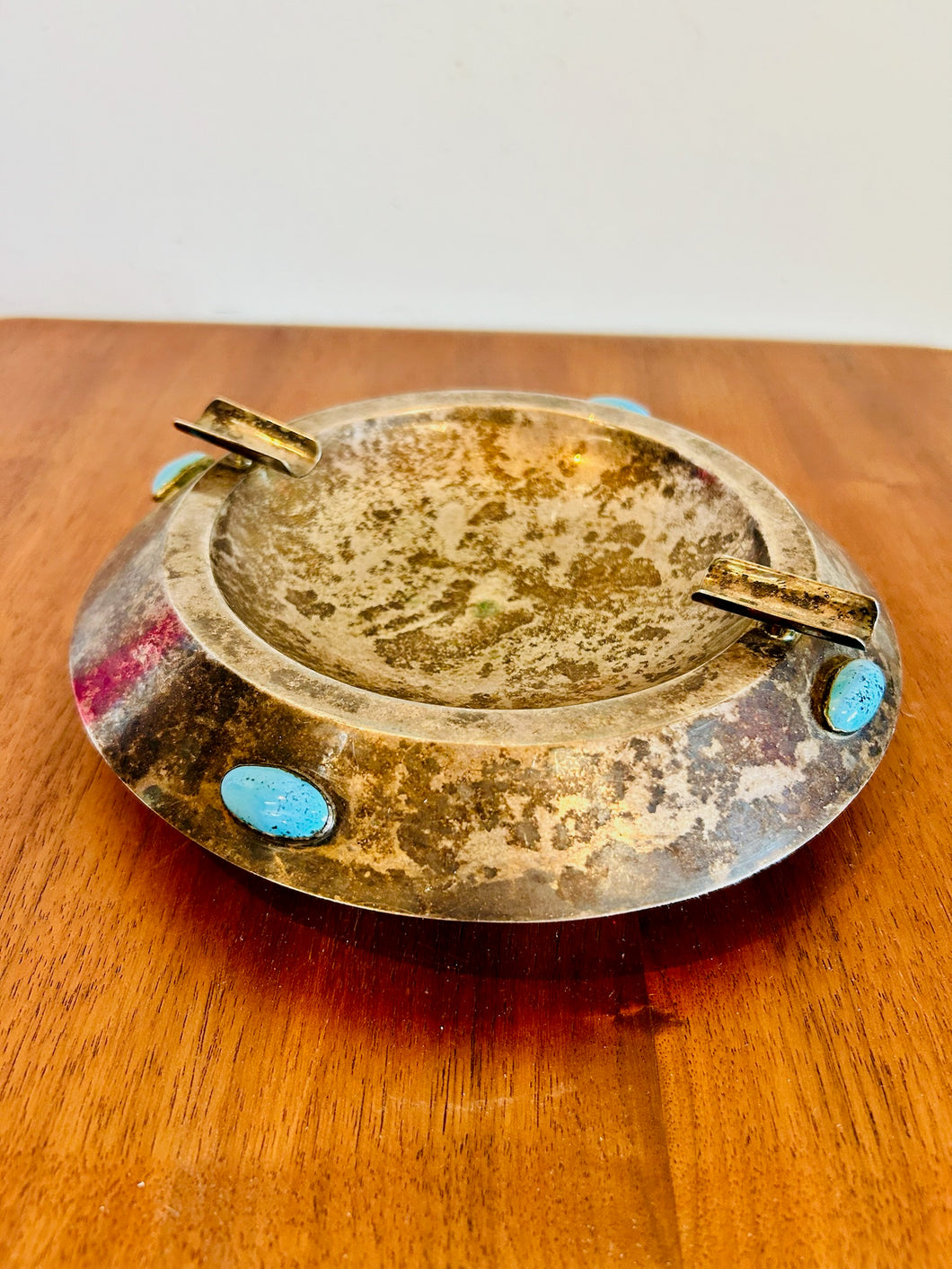 Midcentury Silver Plated Ashtray with Turquoise inlay