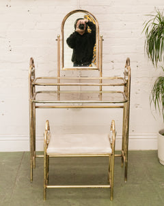 Vintage Brass and Glass Dressing Table with Matching Stool