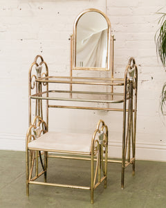 Vintage Brass and Glass Dressing Table with Matching Stool