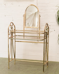 Vintage Brass and Glass Dressing Table with Matching Stool