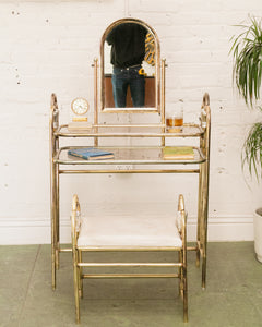 Vintage Brass and Glass Dressing Table with Matching Stool