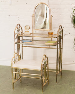 Vintage Brass and Glass Dressing Table with Matching Stool