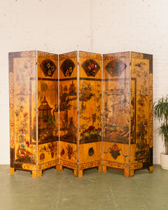 A Chinese Gilt and Polychrome-Painted Six-Panel Screen