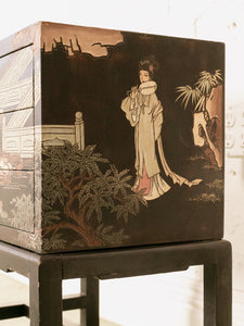 Lovely Japanese Black Lacquer Side Table on Stand Hand Painted