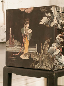 Lovely Japanese Black Lacquer Side Table on Stand Hand Painted