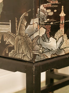 Lovely Japanese Black Lacquer Side Table on Stand Hand Painted