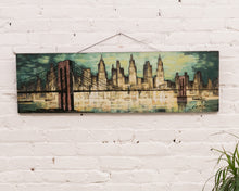 Load image into Gallery viewer, New York City Skyline with the Brooklyn Bridge Hudson River Mid Century Painting
