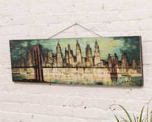 Load image into Gallery viewer, New York City Skyline with the Brooklyn Bridge Hudson River Mid Century Painting
