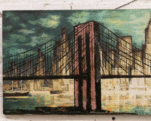 Load image into Gallery viewer, New York City Skyline with the Brooklyn Bridge Hudson River Mid Century Painting
