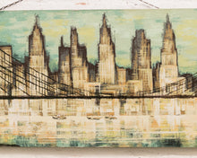 Load image into Gallery viewer, New York City Skyline with the Brooklyn Bridge Hudson River Mid Century Painting
