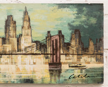 Load image into Gallery viewer, New York City Skyline with the Brooklyn Bridge Hudson River Mid Century Painting
