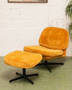 Mustard Corduroy Low Profile Swivel Chair and Ottoman