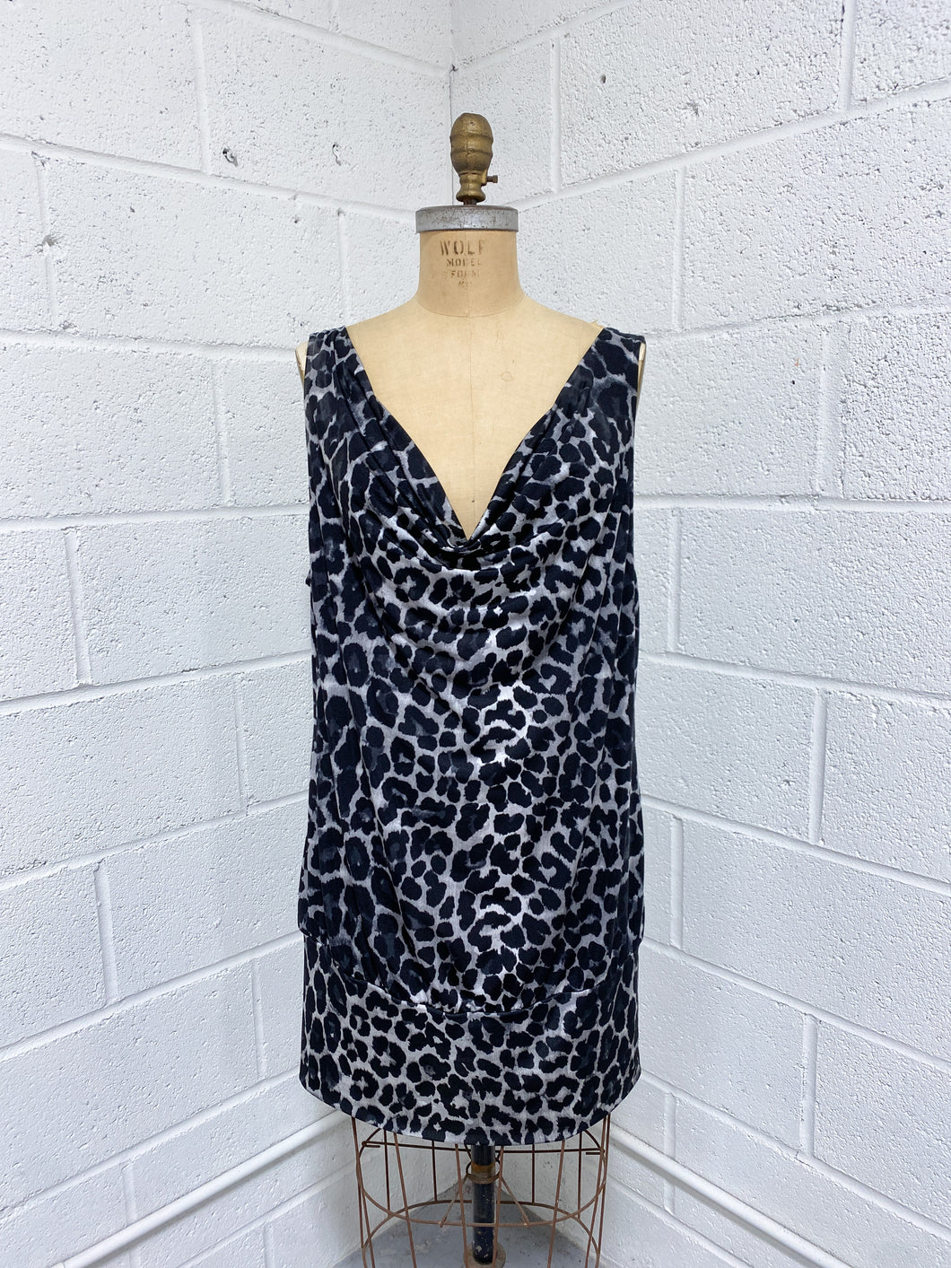 Grey Animal Print Dress with Draped Neckline