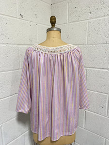 Lilac Striped Blouse with Crochet Neckline