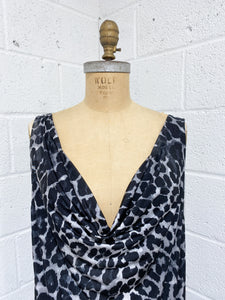 Grey Animal Print Dress with Draped Neckline