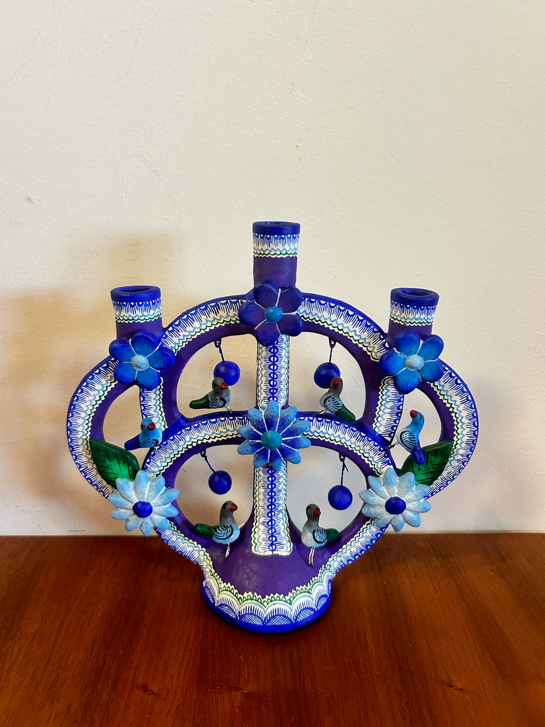 Mexican Folk Art lavender and Blue Candlelabra