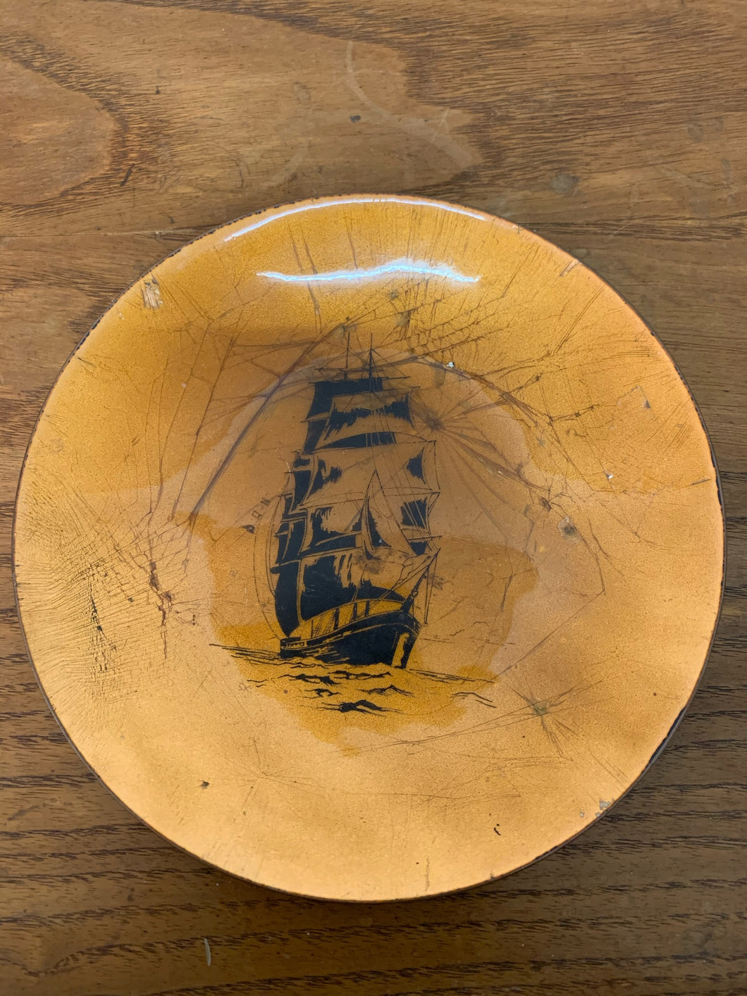 Hand Painted Ship Enamel Bowl Rich Patina