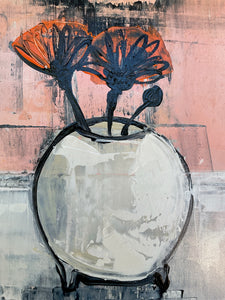 Orange Flowers in a Vase, Painting on Canvas